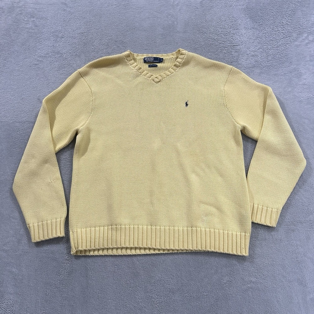 Polo Ralph Lauren VNeck Knit Sweater Men XL Yellow Cotton Y2K Vtg Old Money